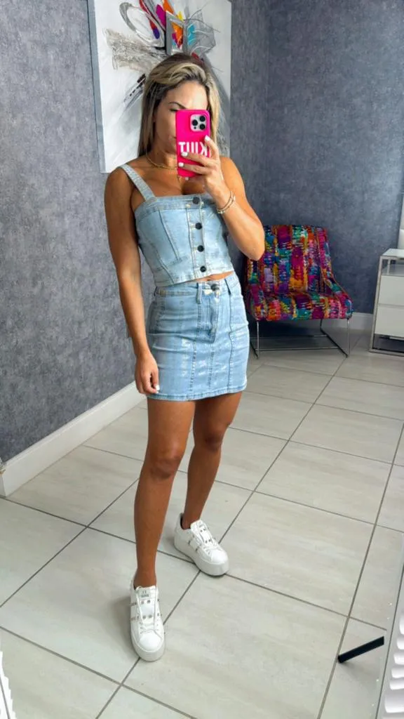 3228 Stretchy denim foil top & skirt set