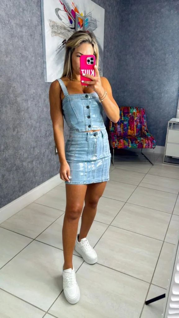 3228 Stretchy denim foil top & skirt set