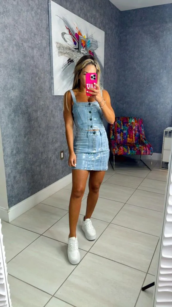 3228 Stretchy denim foil top & skirt set