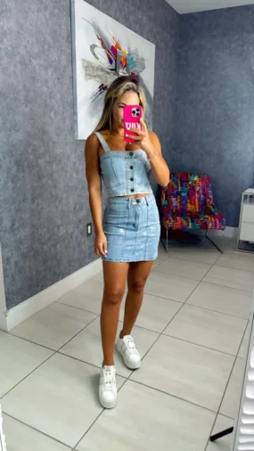 3228 Stretchy denim foil top & skirt set