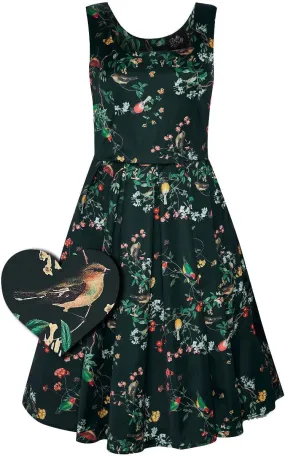 Amanda 50s Inspired Flared Swing Dress Black Birds & Leaves
