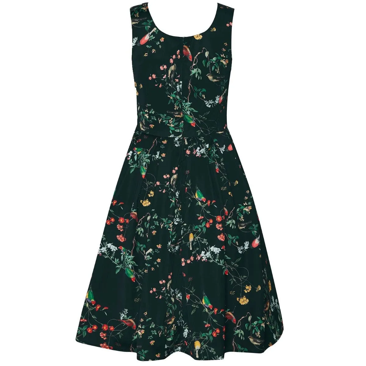 Amanda 50s Inspired Flared Swing Dress Black Birds & Leaves