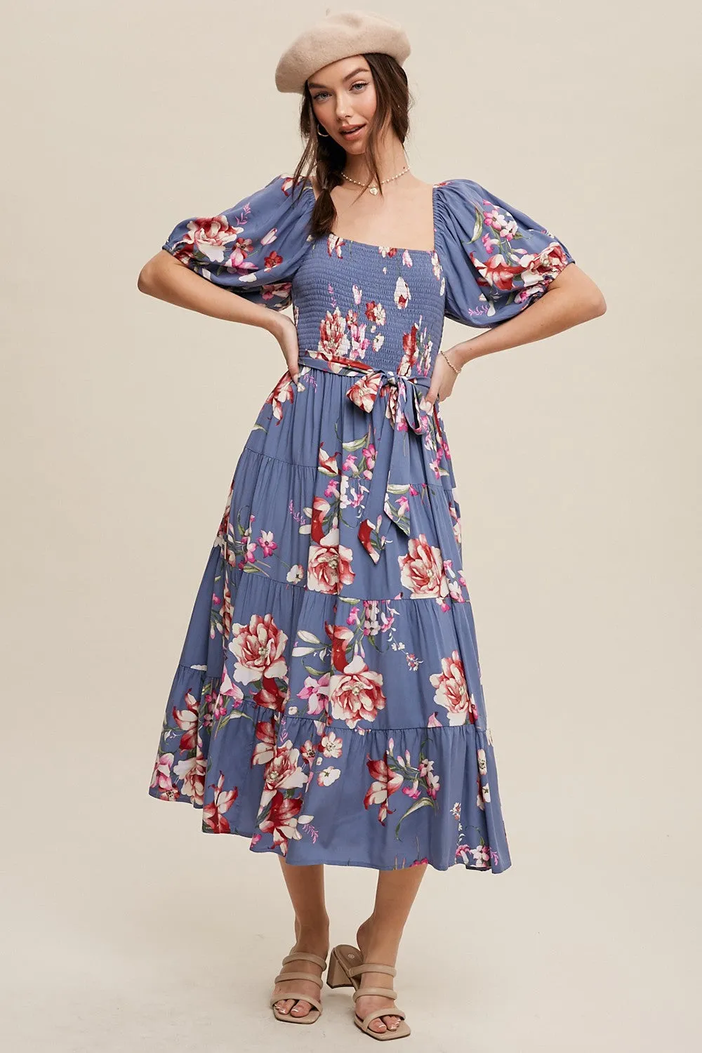 Blue Rose Floral Bubble Sleeve Midi Dress