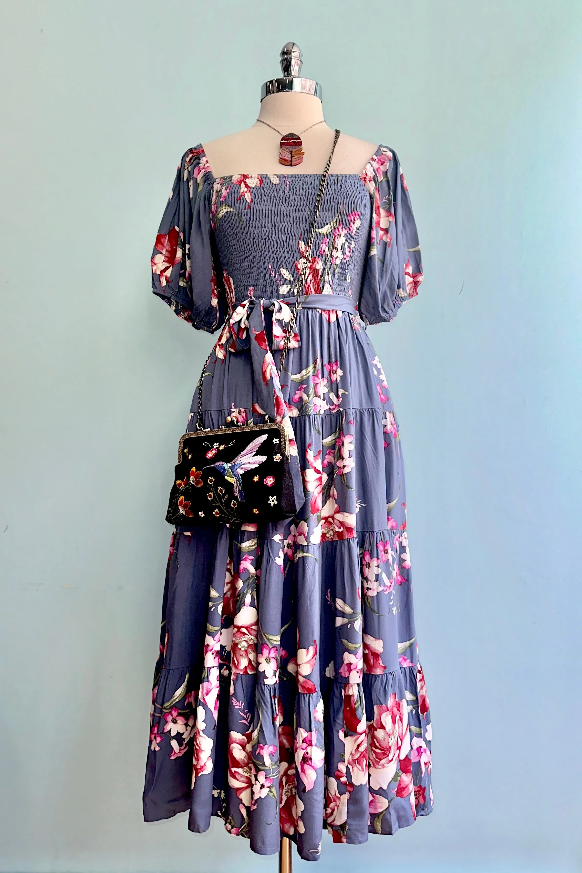Blue Rose Floral Bubble Sleeve Midi Dress