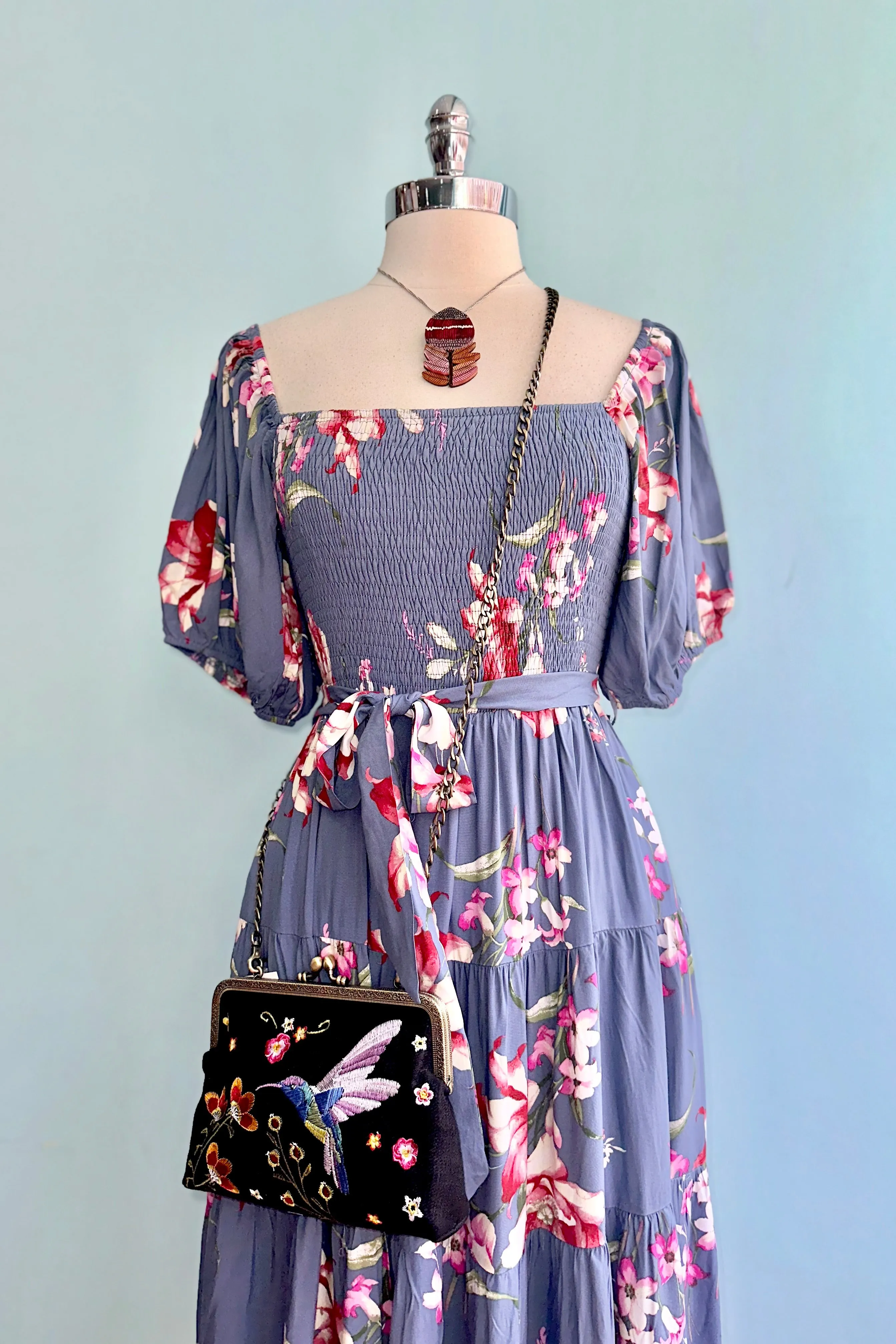 Blue Rose Floral Bubble Sleeve Midi Dress