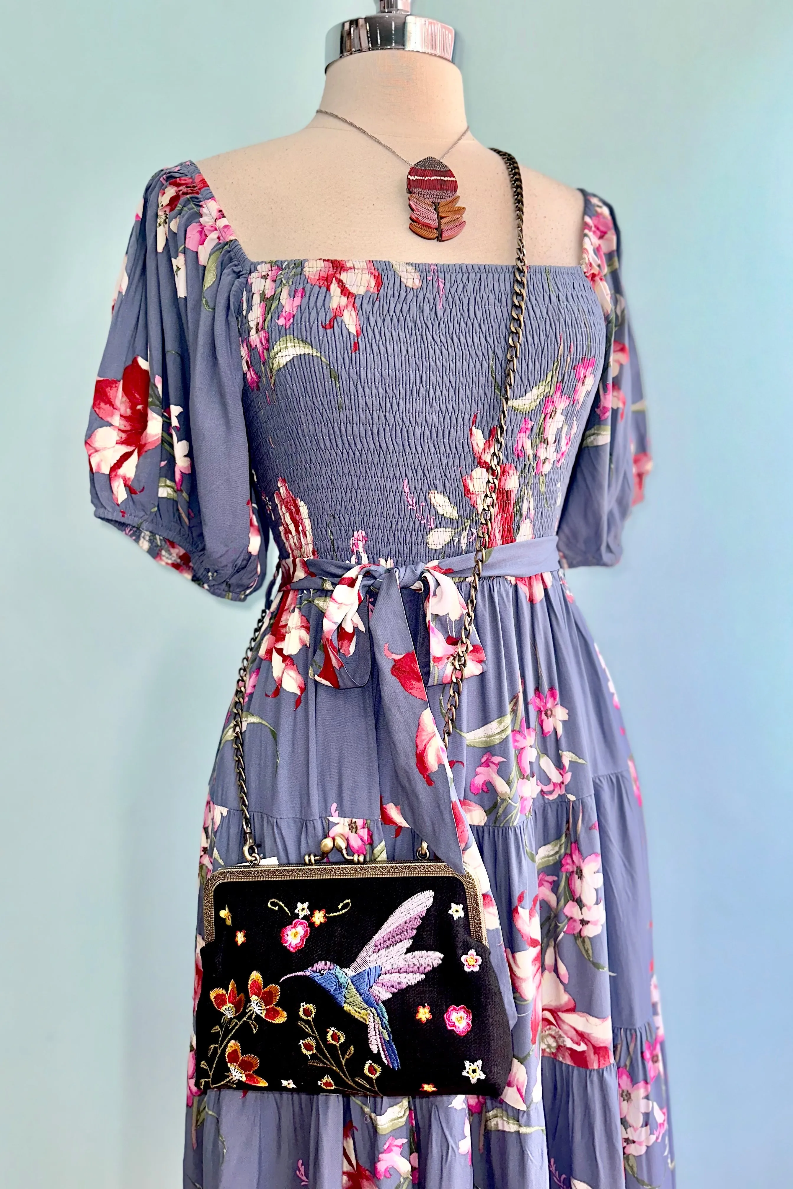 Blue Rose Floral Bubble Sleeve Midi Dress