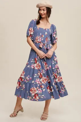 Blue Rose Floral Bubble Sleeve Midi Dress