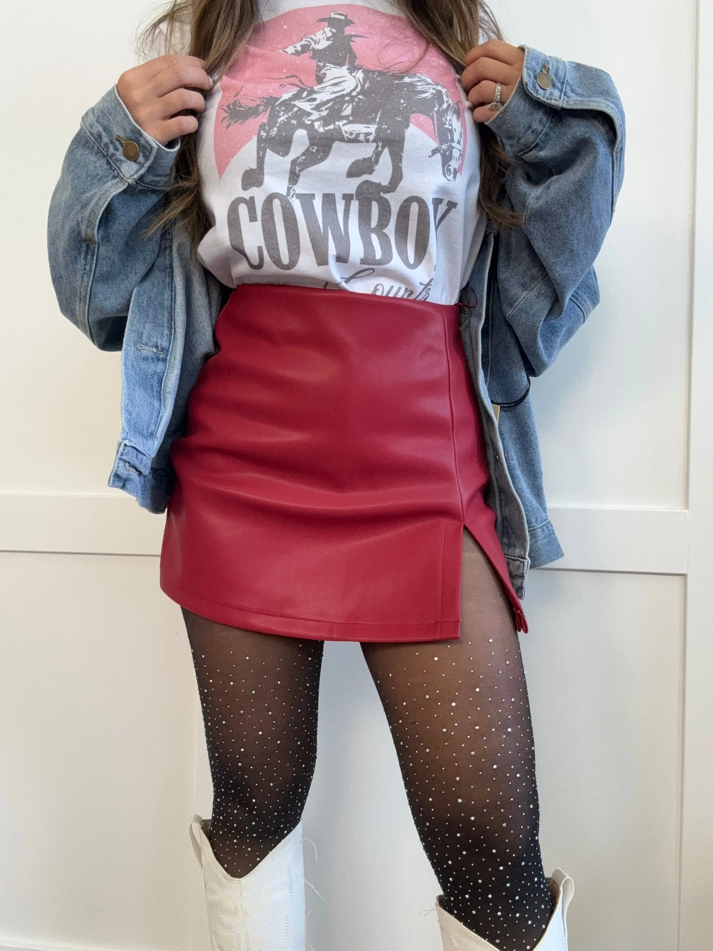Call It Even Side Slit Leather Skort- Mocha & Red