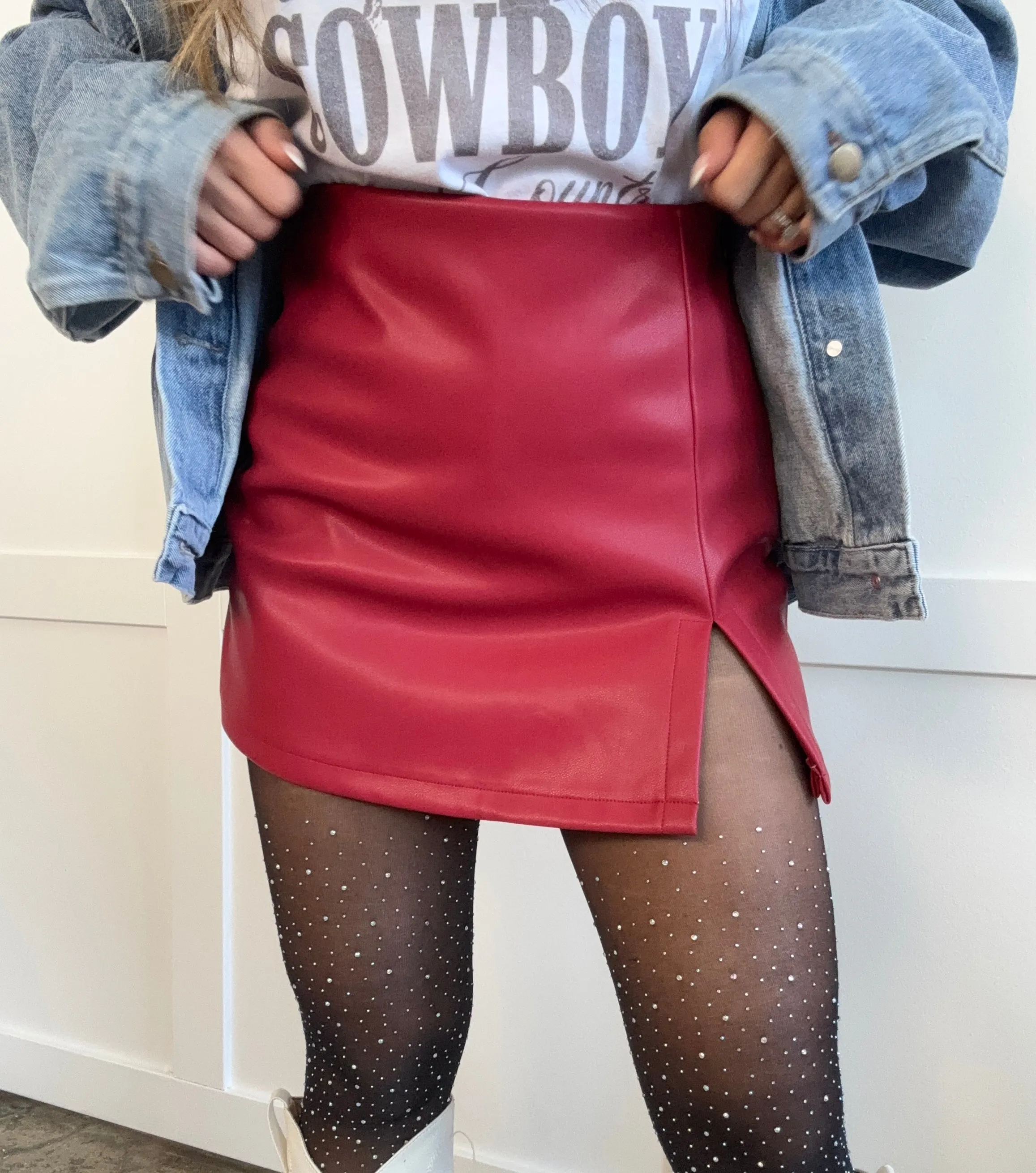 Call It Even Side Slit Leather Skort- Mocha & Red