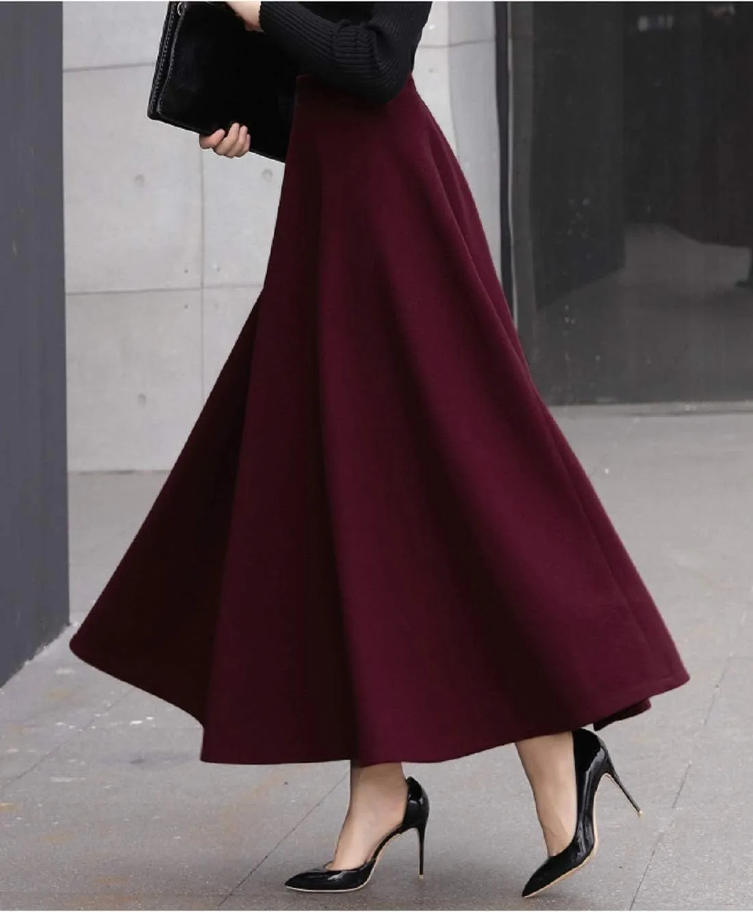 CHARTOU Women's Stretchy High Waist Woolen Flared A Line Swing Maxi Long Skirt