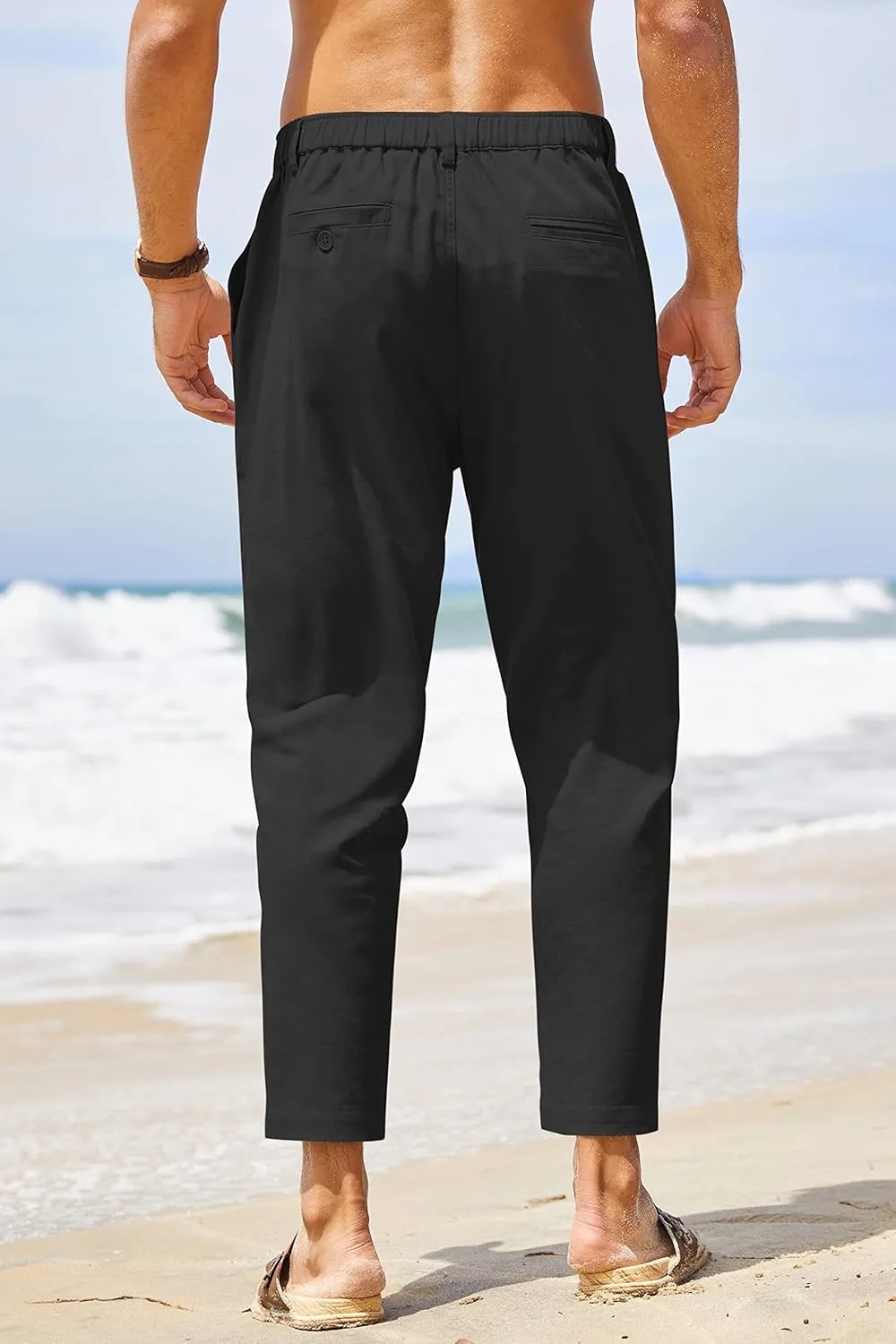 COOFANDY Men's Cotton Linen Pants Elastic Waist Lightweight Casual Pants Slim Fit Yoga Beach Pants with Pockets