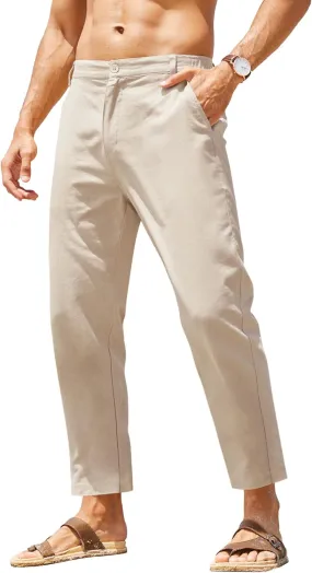 COOFANDY Men's Cotton Linen Pants Elastic Waist Lightweight Casual Pants Slim Fit Yoga Beach Pants with Pockets