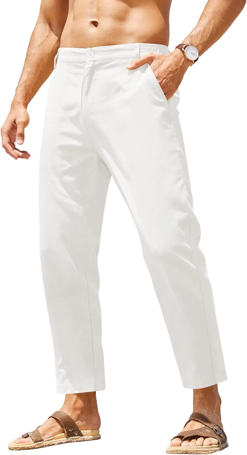 COOFANDY Men's Cotton Linen Pants Elastic Waist Lightweight Casual Pants Slim Fit Yoga Beach Pants with Pockets