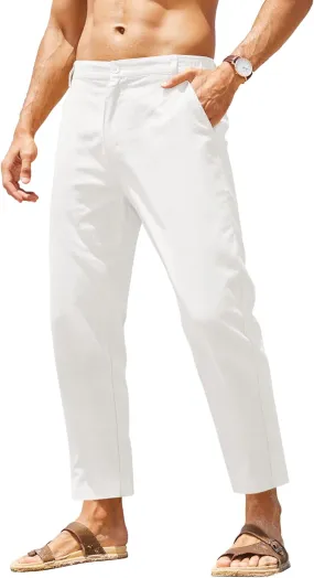 COOFANDY Men's Cotton Linen Pants Elastic Waist Lightweight Casual Pants Slim Fit Yoga Beach Pants with Pockets