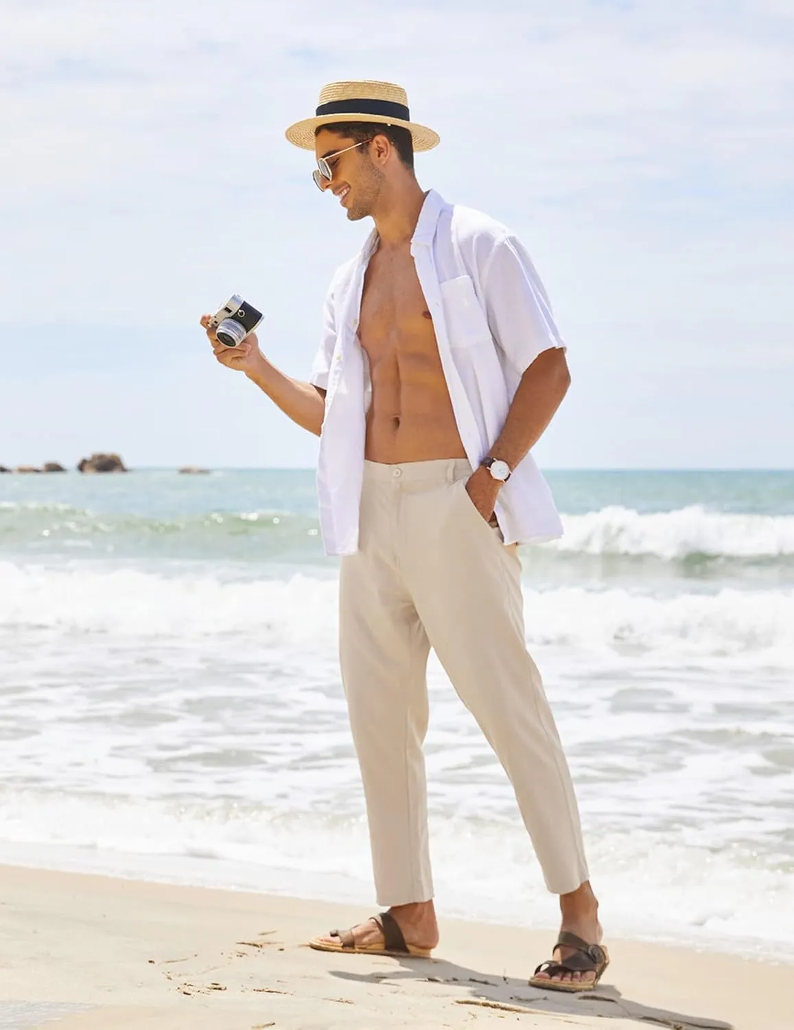 COOFANDY Men's Cotton Linen Pants Elastic Waist Lightweight Casual Pants Slim Fit Yoga Beach Pants with Pockets