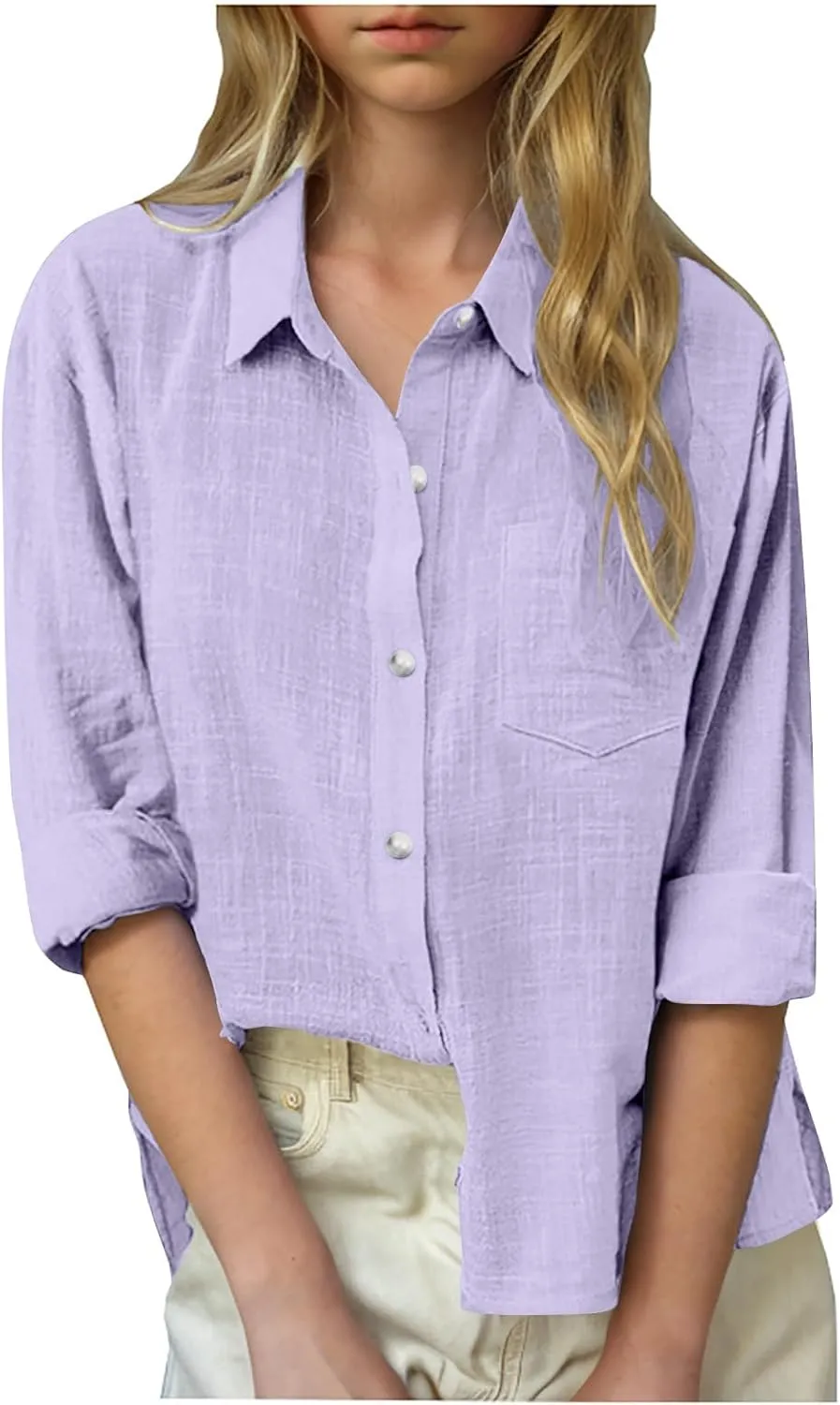 Cotton Linen Shirts for Girls Summer Spring Holiday Tops Casual Loose Fit Breathable Button Down Roll Up Sleeve Shirt