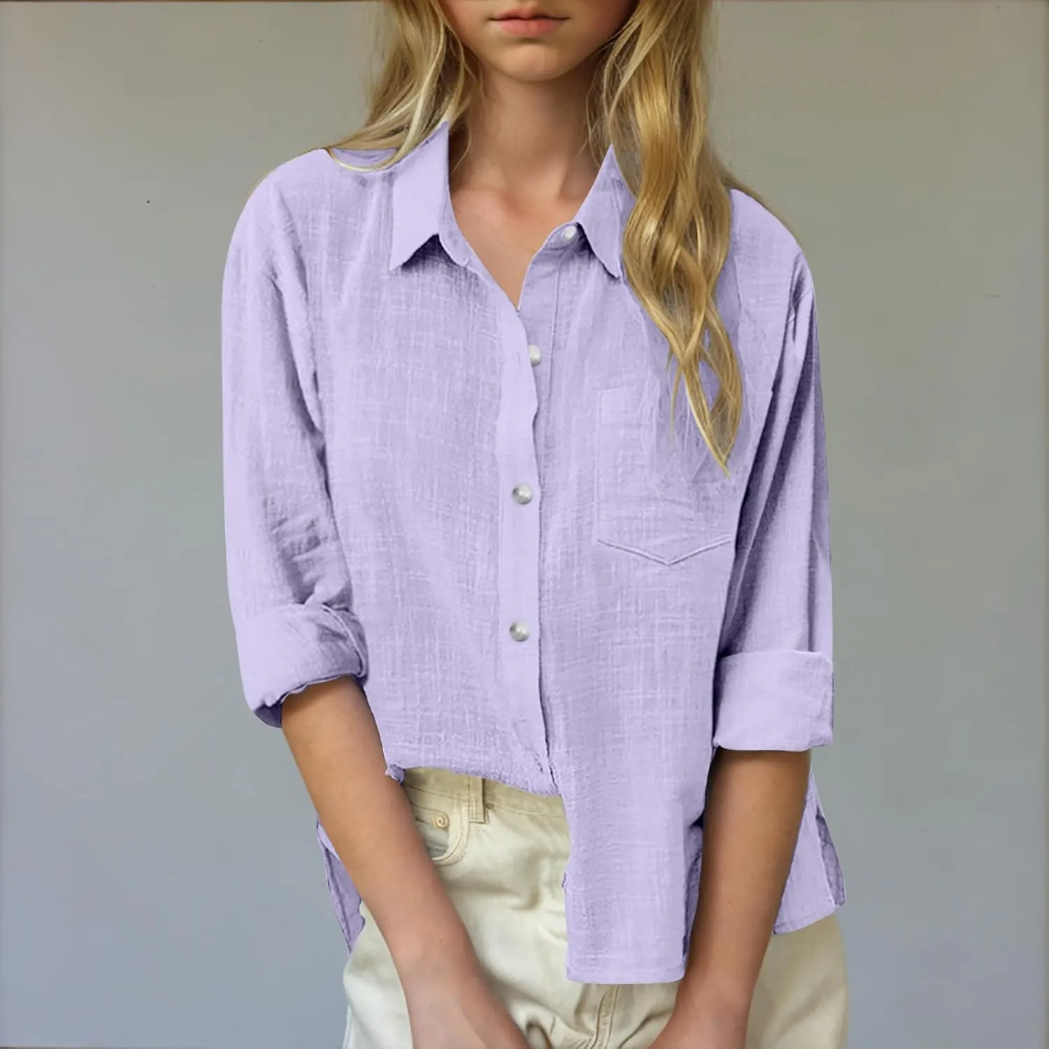 Cotton Linen Shirts for Girls Summer Spring Holiday Tops Casual Loose Fit Breathable Button Down Roll Up Sleeve Shirt