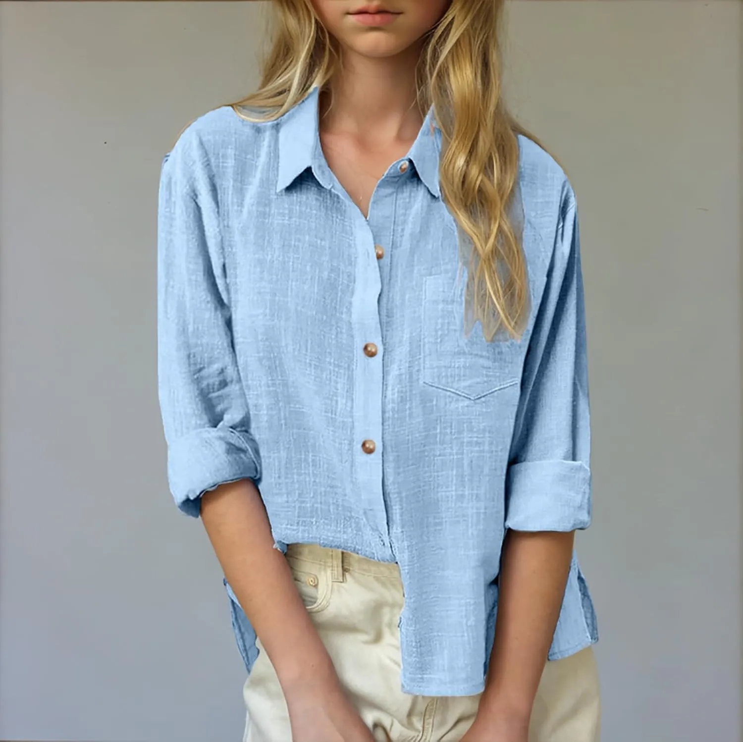 Cotton Linen Shirts for Girls Summer Spring Holiday Tops Casual Loose Fit Breathable Button Down Roll Up Sleeve Shirt