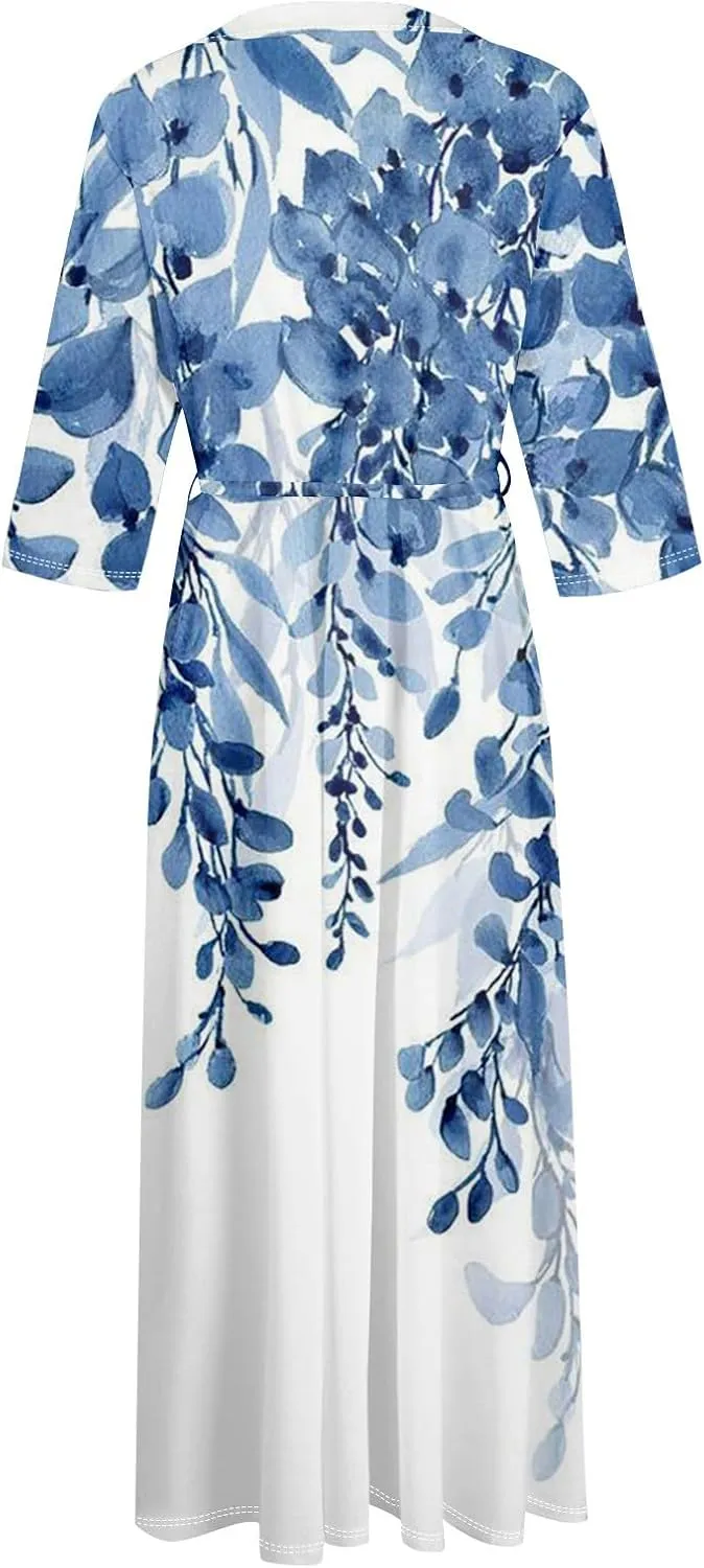 Dresses for Women Summer Floral Long Dress Trendy 3/4 Sleeve Wrap Flowy Beach Dress A Line Boho Vacation Dresses