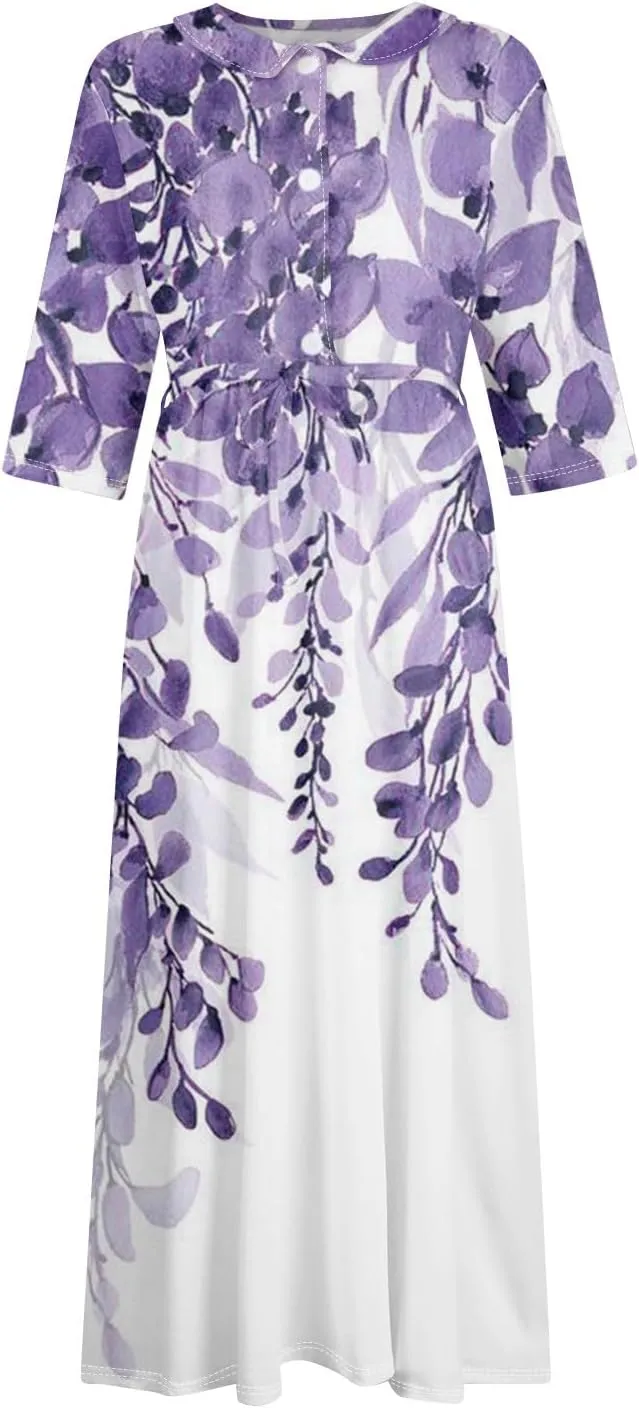 Dresses for Women Summer Floral Long Dress Trendy 3/4 Sleeve Wrap Flowy Beach Dress A Line Boho Vacation Dresses