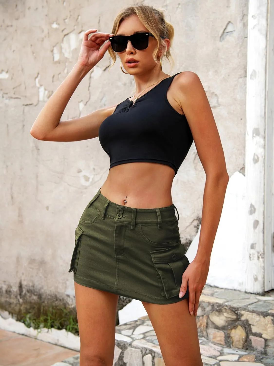ELLEVEN High Stretchy Cargo Skirt for Women, Low Waist Y2k Mini Skirt Cute Denim Skirt with Pockets