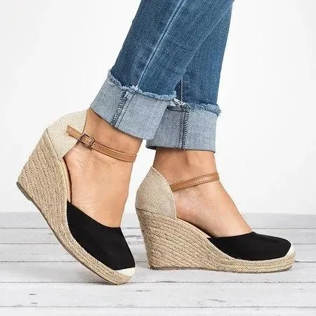 elveswallet Plus Size Wedges Ankle Strap Espadrilles Wedges Sandals