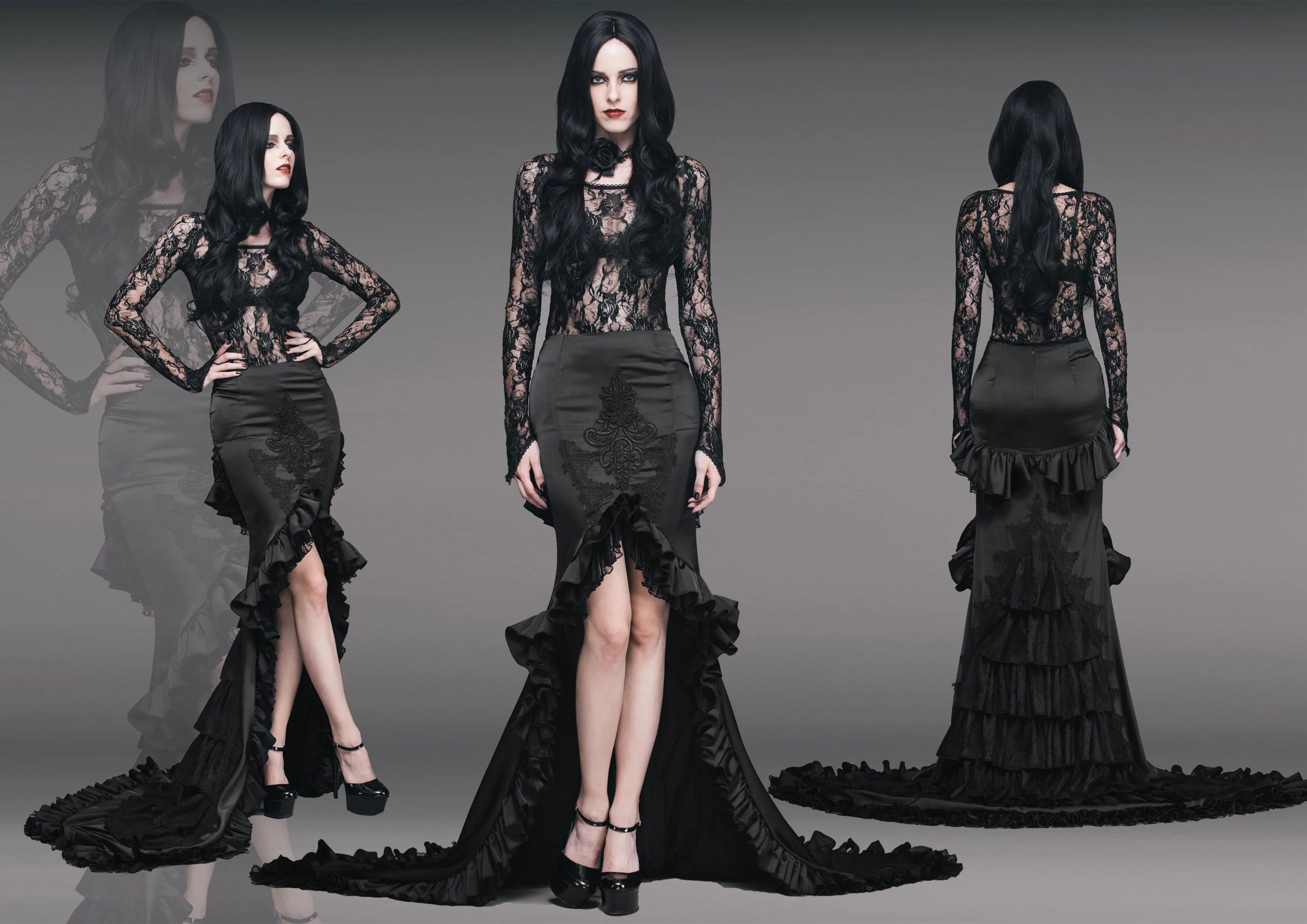 ESKT010 Short front and long back multi-layer wavy flounces floor length gown stretchy half skirts