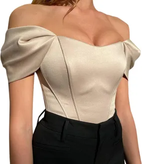 FEOYA Women's Off Shoulder Boned Corset Top Vintage Bustier Mesh Short Sleeve Slim Fit Crop Top Party Clubwear