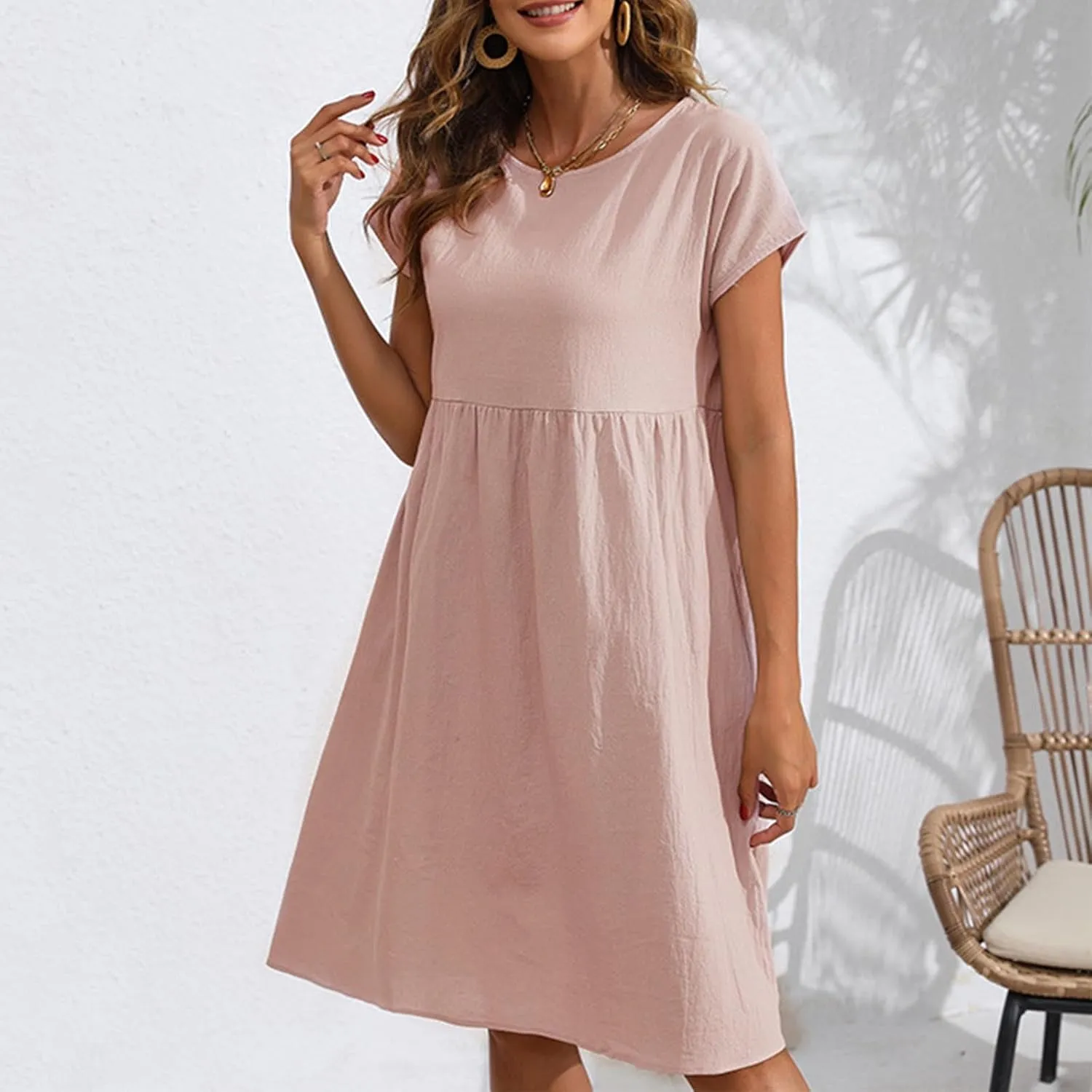 Finelylove Summer Dresses for Women 2025 Flowy Ruffled A Line Dress Short Sleeve Cotton Linen Dress Mini Beach Sundress