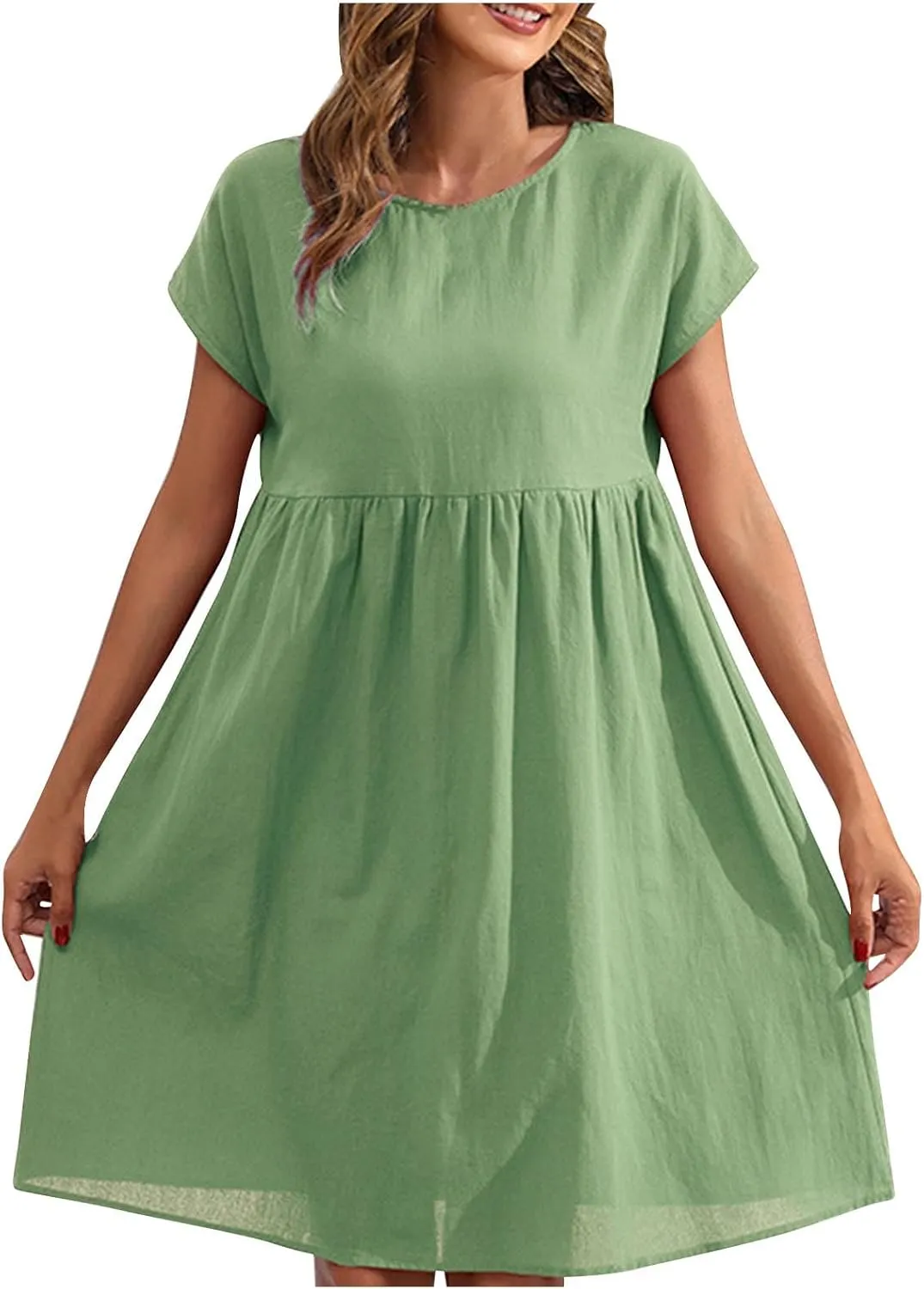Finelylove Summer Dresses for Women 2025 Flowy Ruffled A Line Dress Short Sleeve Cotton Linen Dress Mini Beach Sundress