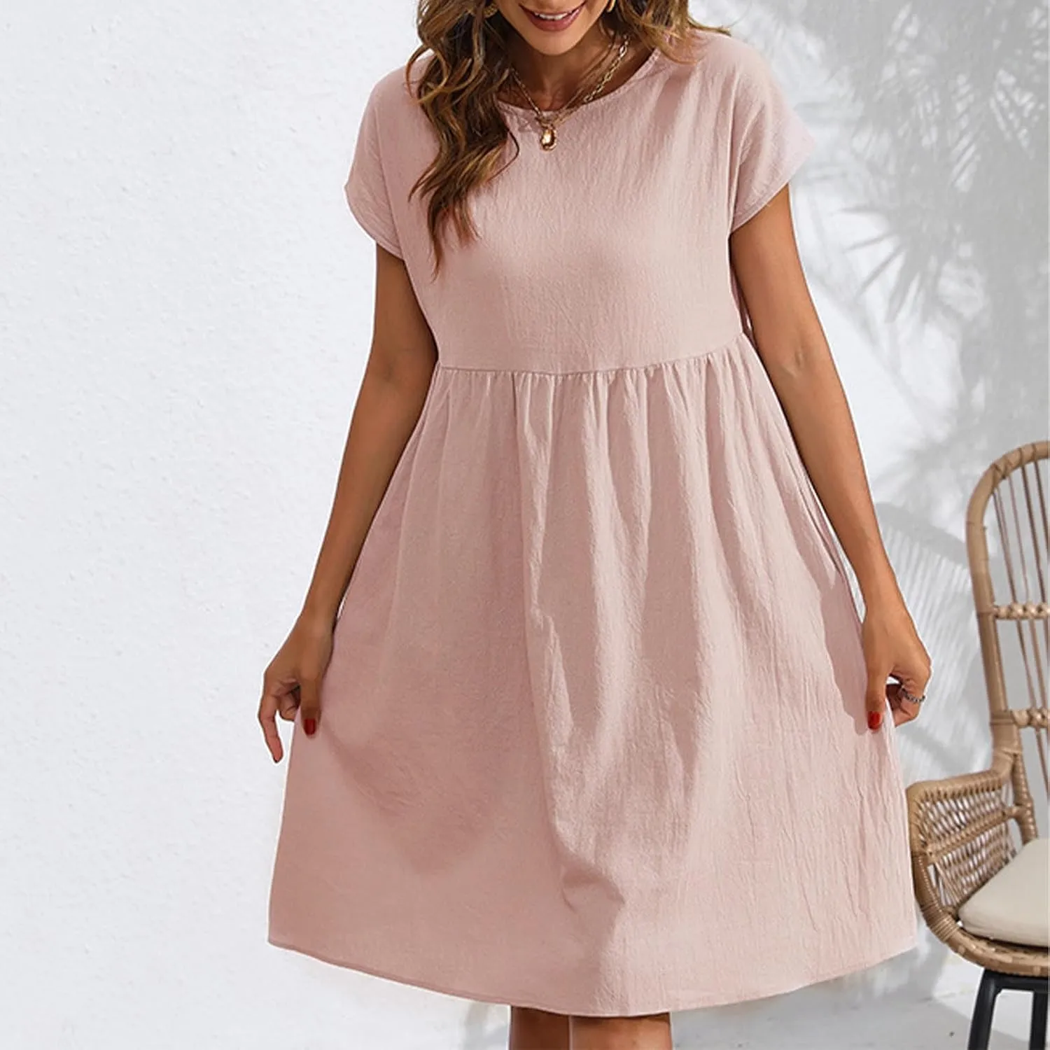 Finelylove Summer Dresses for Women 2025 Flowy Ruffled A Line Dress Short Sleeve Cotton Linen Dress Mini Beach Sundress