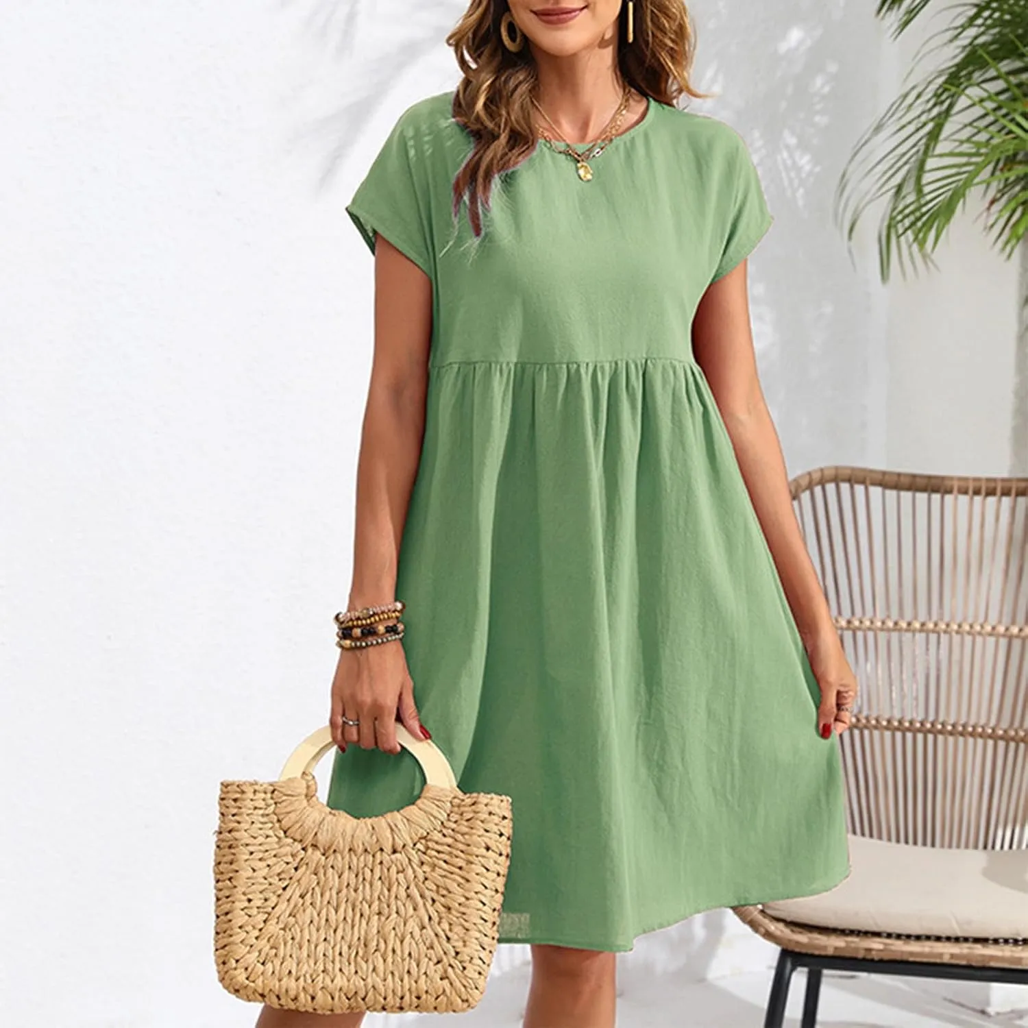 Finelylove Summer Dresses for Women 2025 Flowy Ruffled A Line Dress Short Sleeve Cotton Linen Dress Mini Beach Sundress