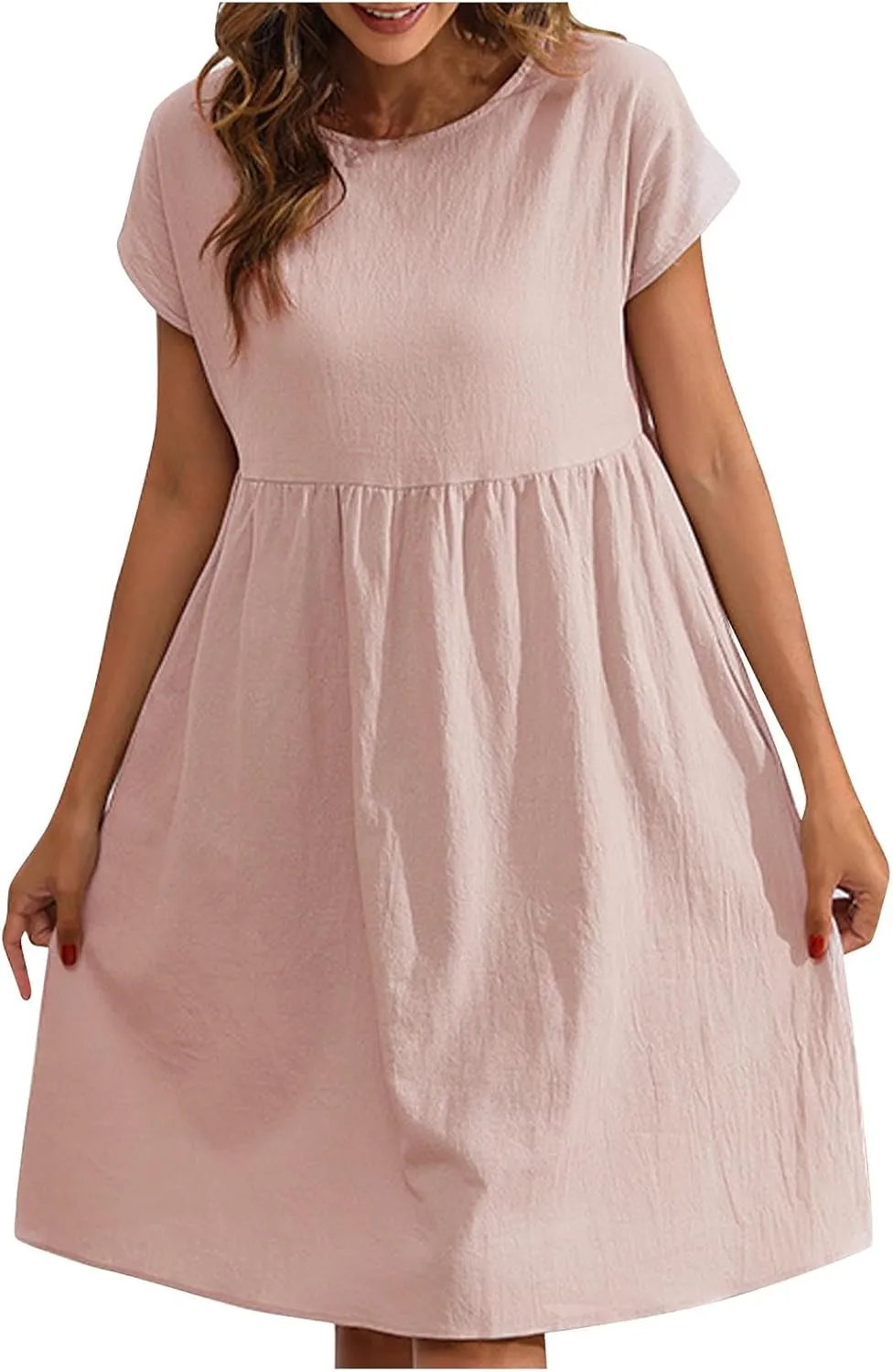 Finelylove Summer Dresses for Women 2025 Flowy Ruffled A Line Dress Short Sleeve Cotton Linen Dress Mini Beach Sundress