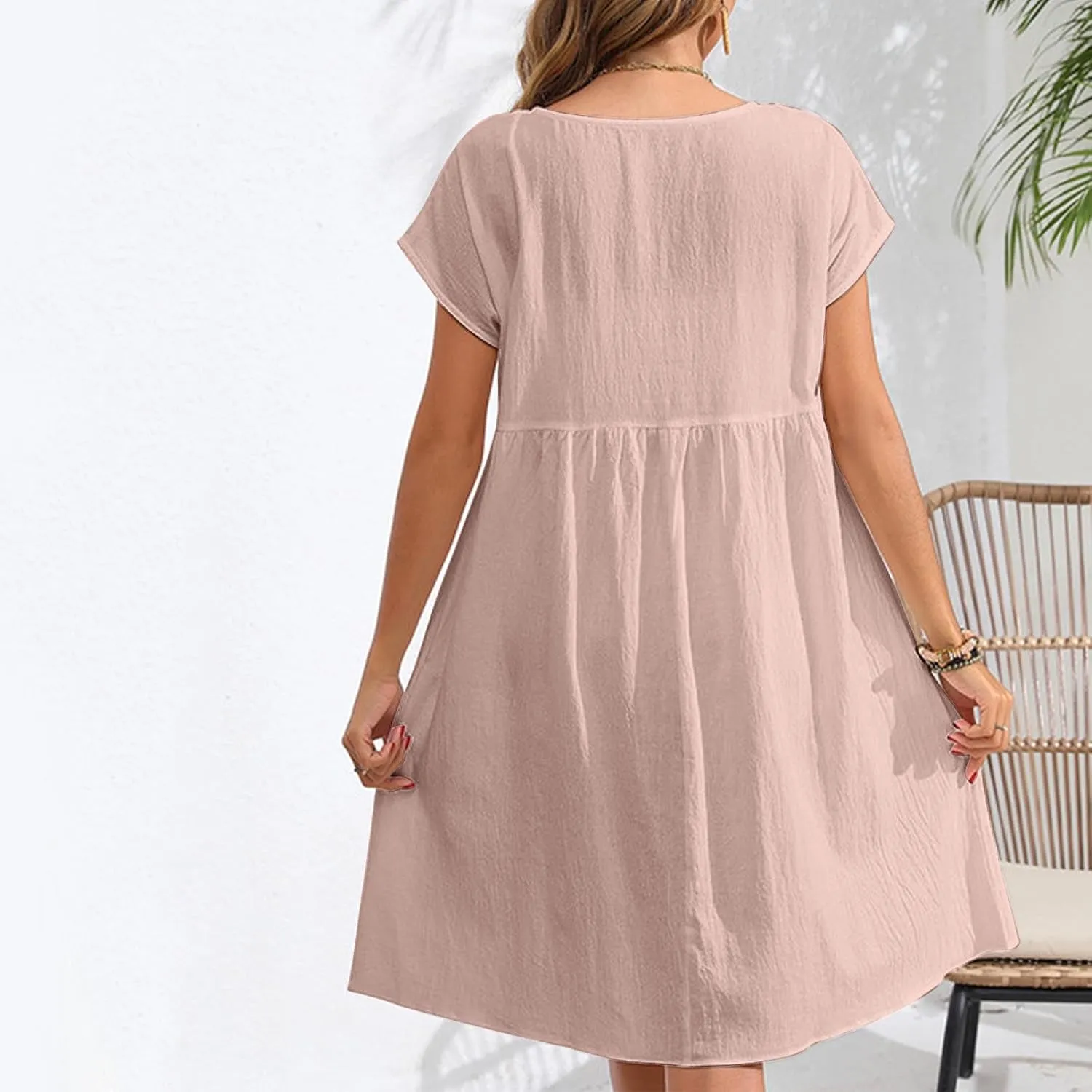 Finelylove Summer Dresses for Women 2025 Flowy Ruffled A Line Dress Short Sleeve Cotton Linen Dress Mini Beach Sundress
