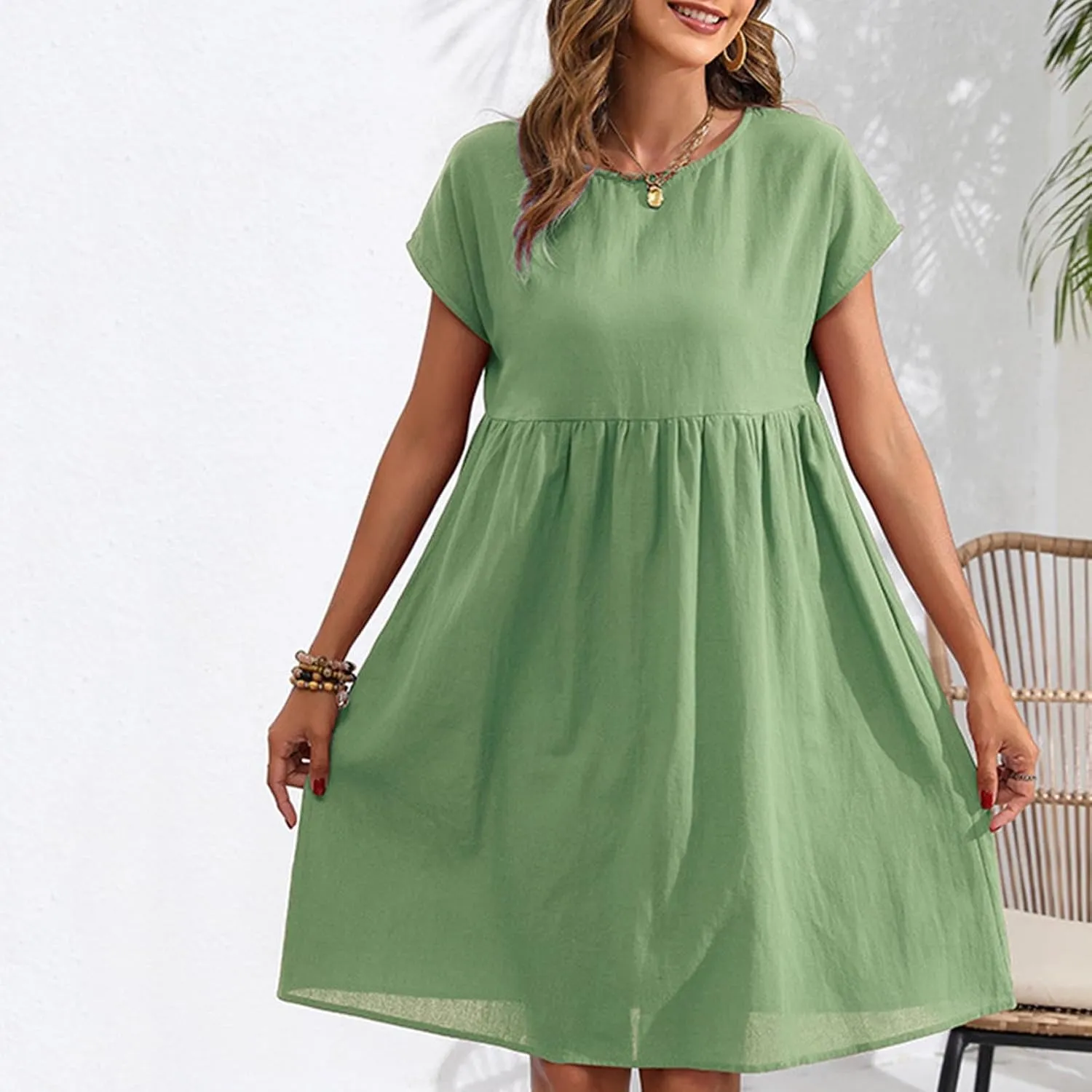 Finelylove Summer Dresses for Women 2025 Flowy Ruffled A Line Dress Short Sleeve Cotton Linen Dress Mini Beach Sundress