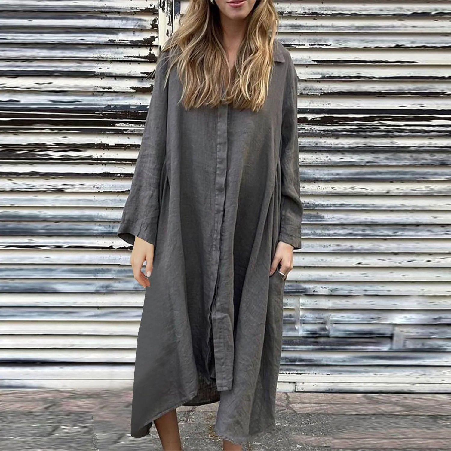 Finelylove Womens Summer Maxi Dresses 2025 Long Sleeve Button Down Shirt Dress Plus Size Cotton Linen Beach Vacation Dress