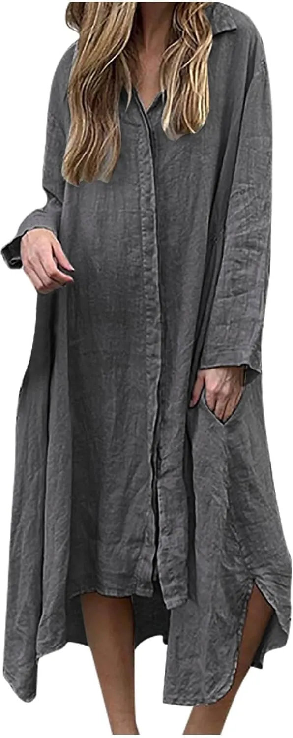Finelylove Womens Summer Maxi Dresses 2025 Long Sleeve Button Down Shirt Dress Plus Size Cotton Linen Beach Vacation Dress