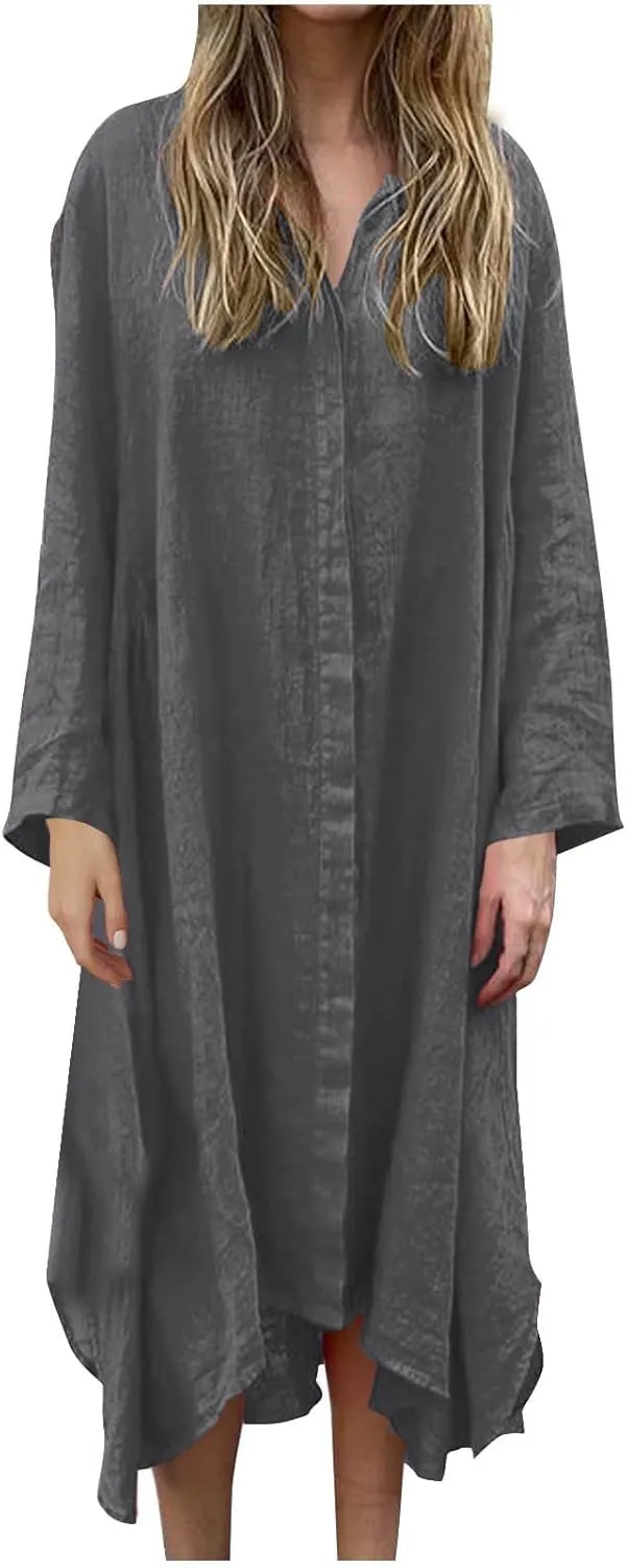 Finelylove Womens Summer Maxi Dresses 2025 Long Sleeve Button Down Shirt Dress Plus Size Cotton Linen Beach Vacation Dress