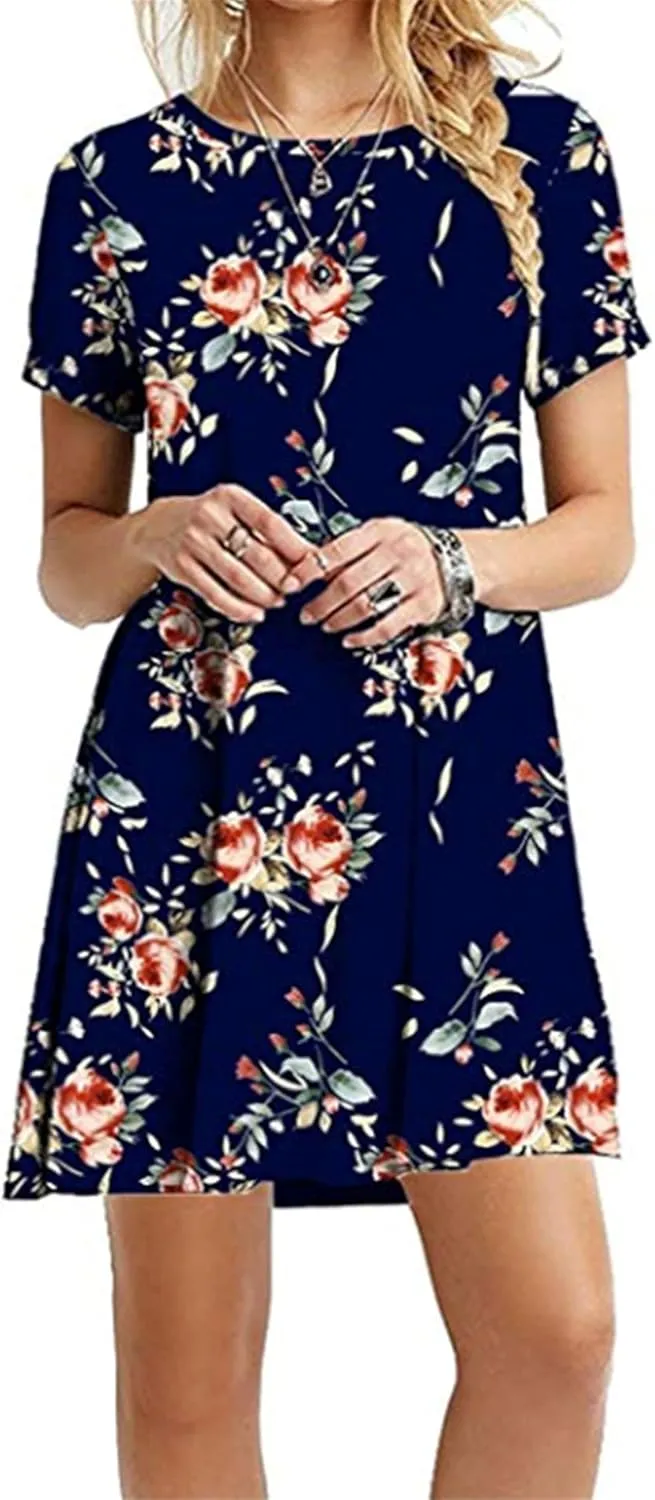 FLITAY Womens Casual Floral Simple Dress Loose Tunic T-Shirt Dress Summer Beach Flowy Dress