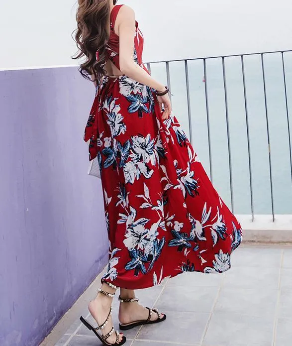 FLORAL SPAGHETTI STRAPS CHIFFON BEACH MAXI DRESS