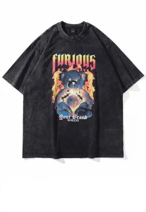 Furious slogan t-shirt punk teddy tee in vintage wash grey