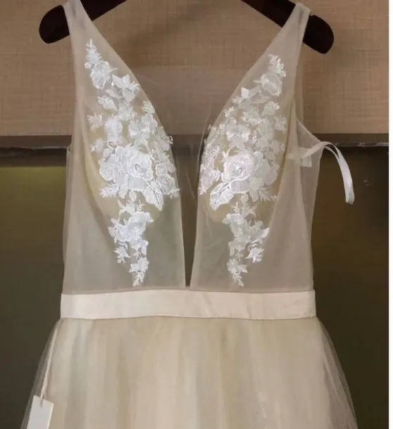 Garden Party Boho Deep V Neck Sleeveless Tulle Lace Wedding Bridal Gown