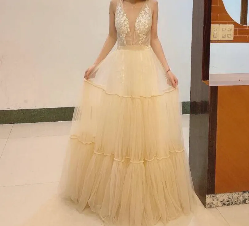 Garden Party Boho Deep V Neck Sleeveless Tulle Lace Wedding Bridal Gown