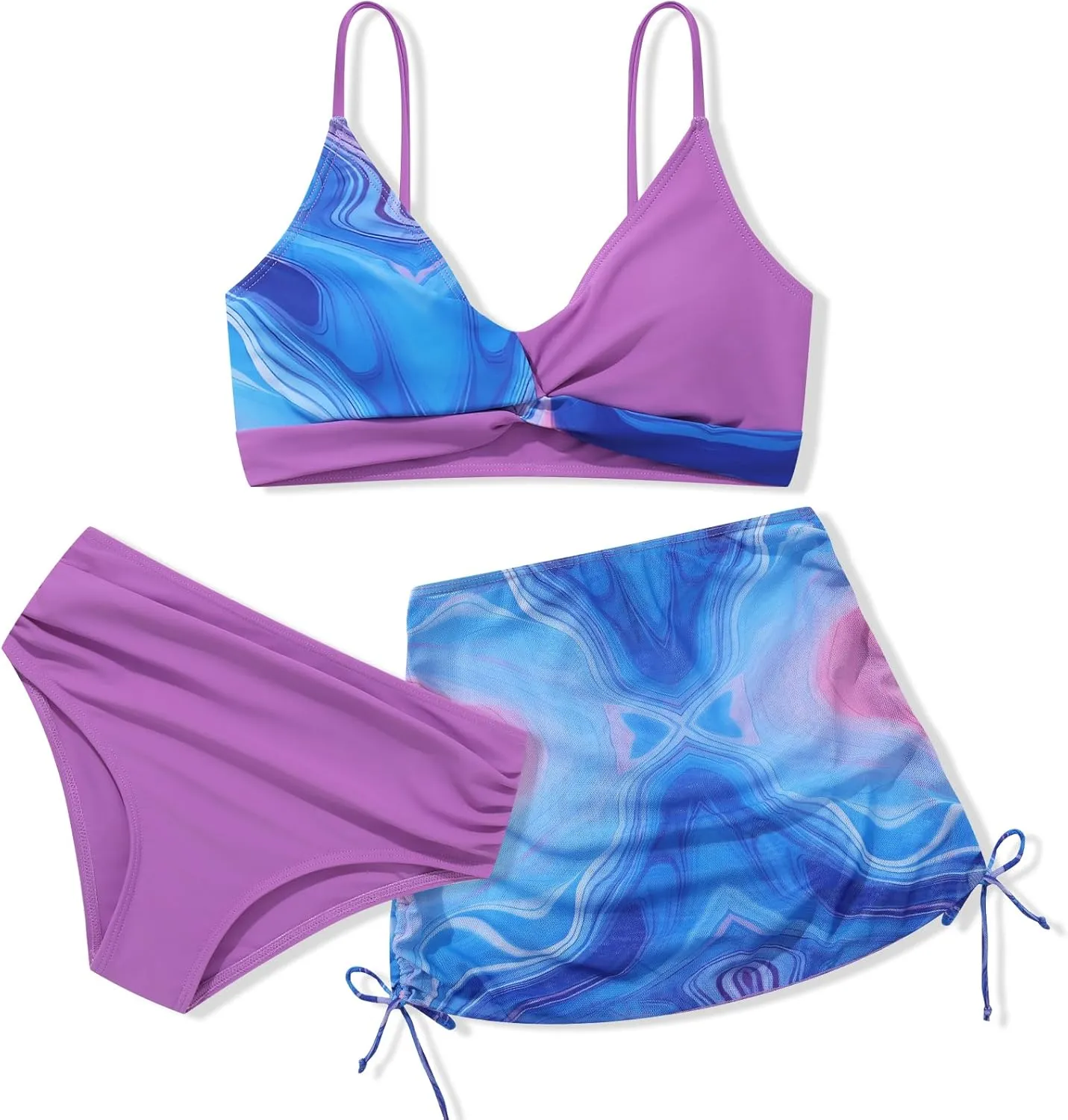 Girls Swimsuit 3 Piece V Neck Tropical Criss Cross Bikini Bathing Set Quick Dry Tankini with Drawstring Beach Skirt 7-16T