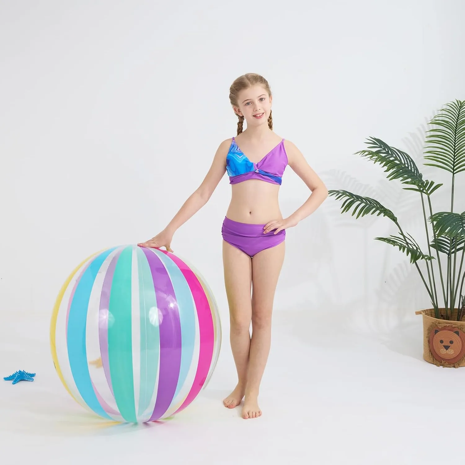 Girls Swimsuit 3 Piece V Neck Tropical Criss Cross Bikini Bathing Set Quick Dry Tankini with Drawstring Beach Skirt 7-16T