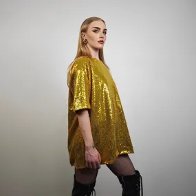 Gold sequin t-shirt glitter top sparkle jumper party pullover glam rock jumper fancy dress embellished going out tee in luminous yellow
