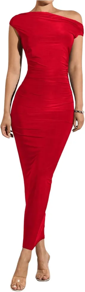 GORGLITTER Women's Asymmetrical Neck Ruched Bodycon Dress Slim One Shoulder Long Maxi Dresses