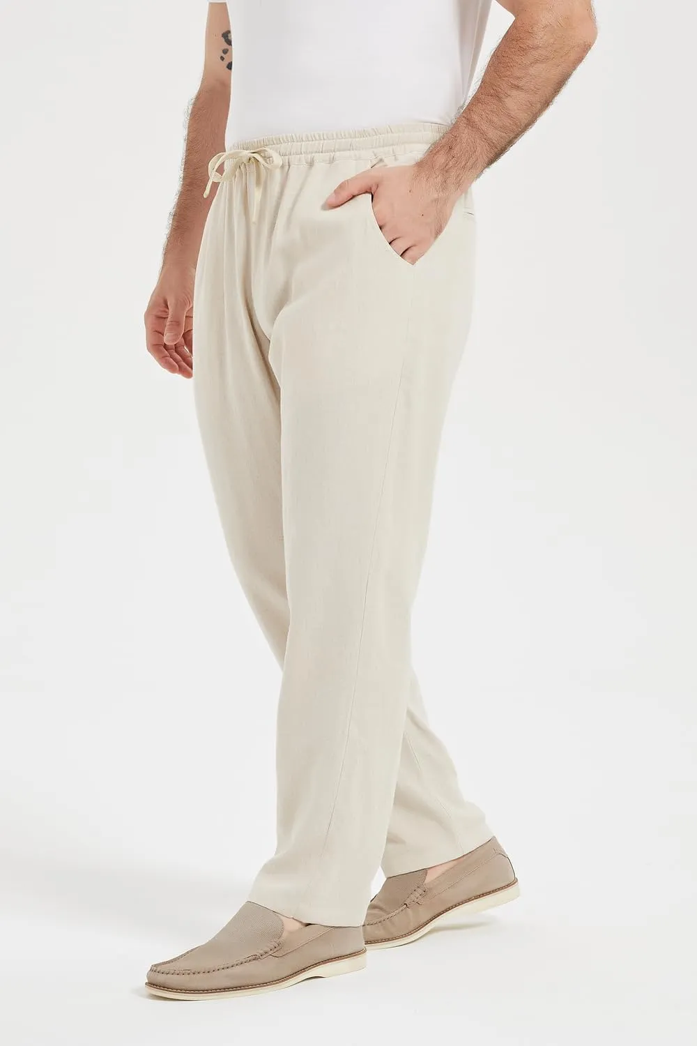 Isle Bay Mens Casual Linen Pants Relax Fit Elastic Waist Straight Leg Comfy Lounge Long Trouser Drawstring Straight Pant