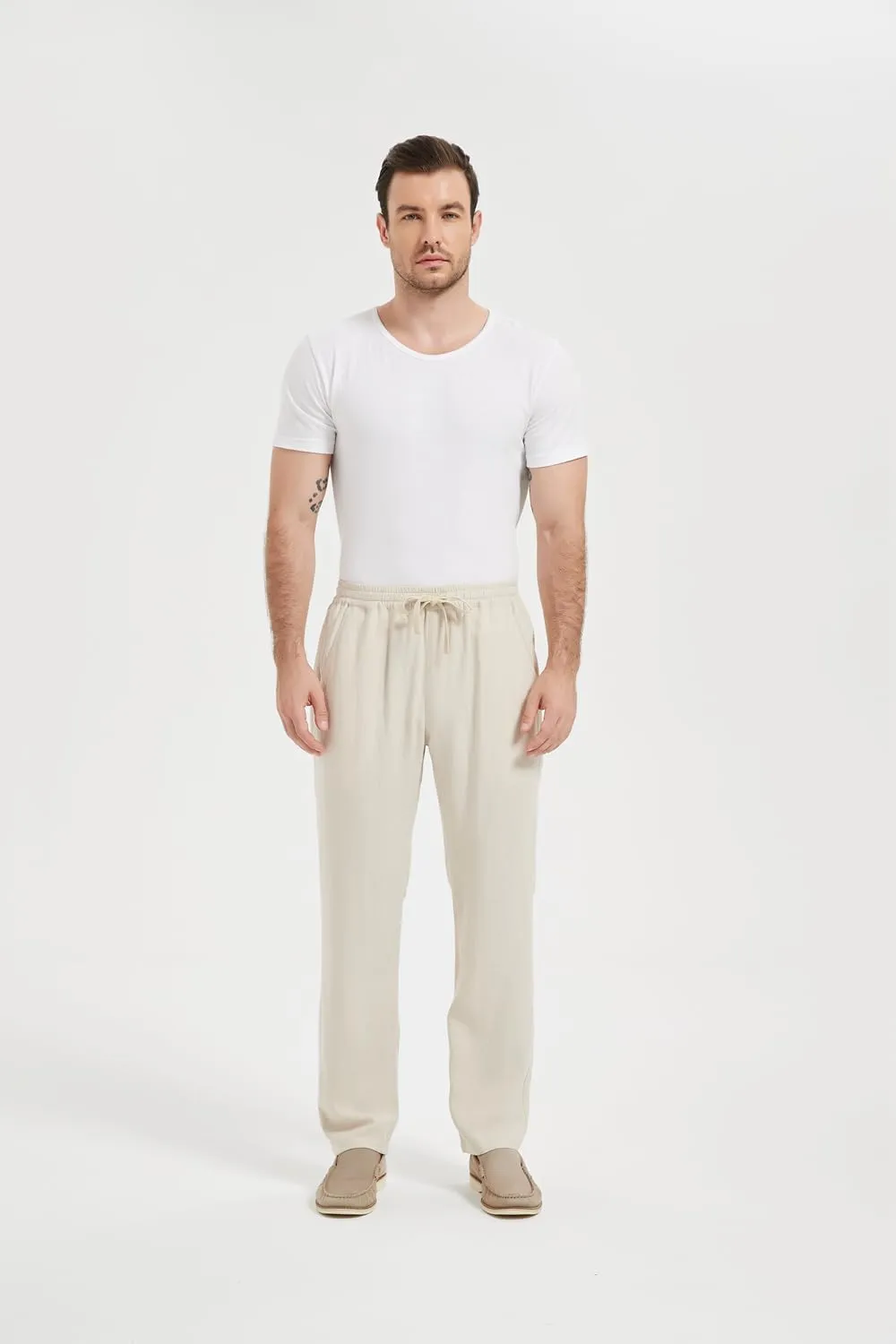 Isle Bay Mens Casual Linen Pants Relax Fit Elastic Waist Straight Leg Comfy Lounge Long Trouser Drawstring Straight Pant