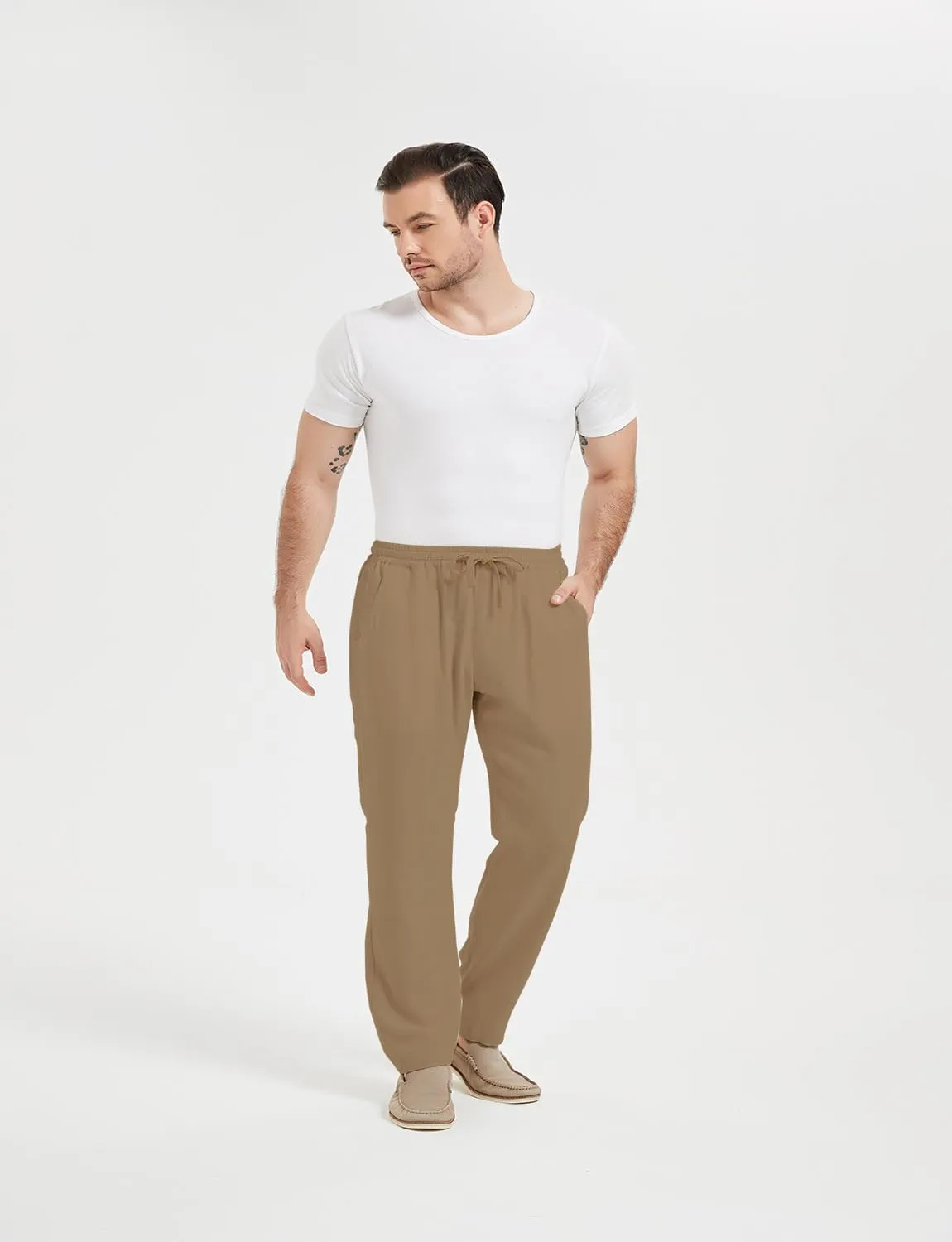 Isle Bay Mens Casual Linen Pants Relax Fit Elastic Waist Straight Leg Comfy Lounge Long Trouser Drawstring Straight Pant
